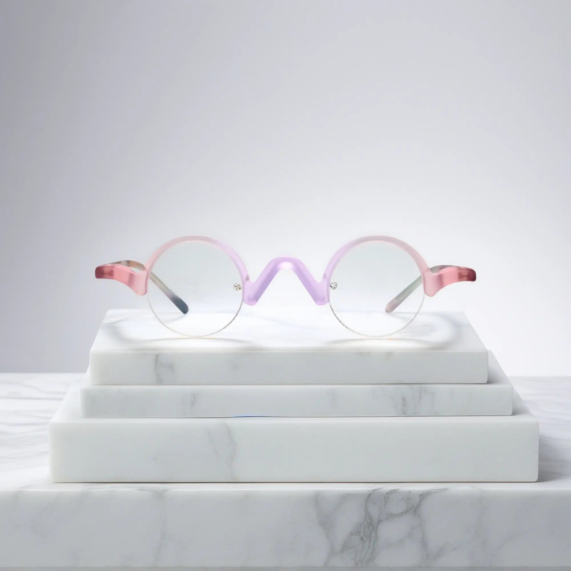 Front image of VoyueLens™ Lilac-Rose semi-rimless browline eyeglasses in soft pastel matte finish.